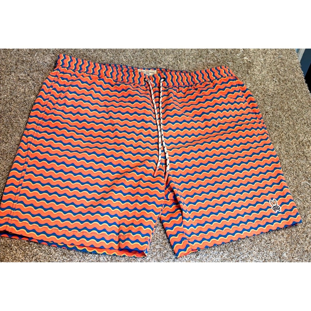Psycho Bunny Swim Trunk Men XL Orange Blue Elastic Waist Mesh Shorts Pockets